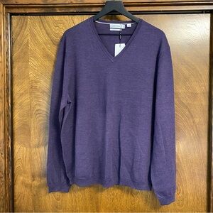 NWT Mens Calvin Klein XL 100% Merino Wool Extra Fine Purple V-Neck Sweater Long